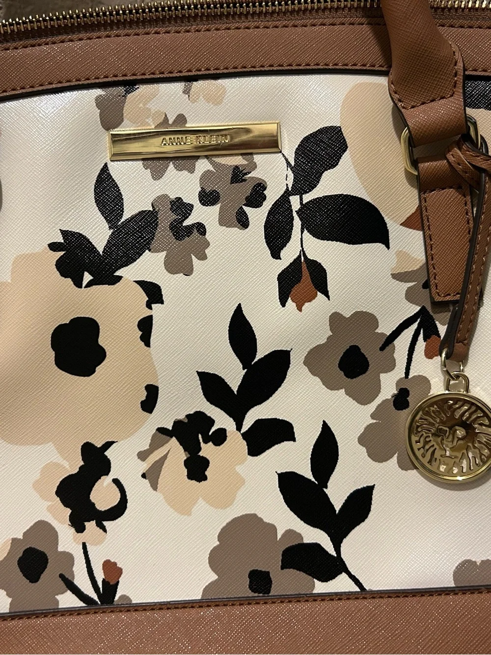 Anne Klein Floral Dome Satchel Bag Cream Tan Brown NEW
